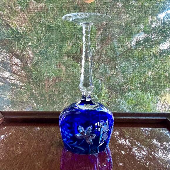 Vintage Bohemian / Czech Cobalt Blue Cut-to-Clear Crystal Wine Hock Goblet - Picture 6 of 11